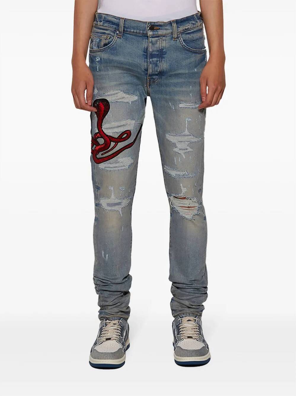 NEW AMIRI snake patch skinny ripped jeans in clay indigo